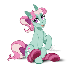 Size: 942x883 | Tagged: safe, artist:dvixie, derpibooru import, twibooru import, minty, earth pony, pony, g3, bow, clothes, deleted from derpibooru, female, hair bow, mare, open mouth, raised hoof, simple background, sitting, socks, solo, striped socks, tail bow, transparent background, underhoof