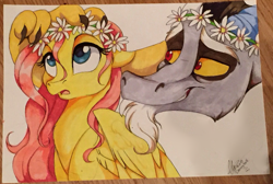Size: 1228x826 | Tagged: dead source, safe, artist:dvixie, derpibooru import, twibooru import, discord, fluttershy, draconequus, pegasus, pony, deleted from derpibooru, duo, ears, female, floppy ears, floral head wreath, flower, hilarious in hindsight, male, markers, open mouth, smiling, traditional art