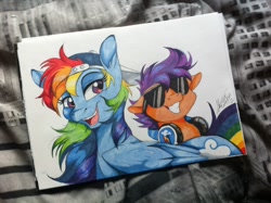 Size: 1280x956 | Tagged: safe, artist:dvixie, derpibooru import, twibooru import, rainbow dash, scootaloo, pegasus, pony, deleted from derpibooru, grin, headphones, open mouth, smiling, sunglasses, traditional art