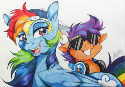 Size: 795x557 | Tagged: safe, artist:dvixie, derpibooru import, twibooru import, rainbow dash, scootaloo, pegasus, pony, baseball cap, cap, cute, cutealoo, dashabetes, deleted from derpibooru, duo, female, filly, glasses, grin, hat, headphones, mare, markers, open mouth, scootalove, smiling, sunglasses, traditional art