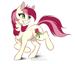 Size: 1213x1036 | Tagged: safe, artist:dvixie, derpibooru import, twibooru import, roseluck, earth pony, pony, cute, deleted from derpibooru, female, grin, mare, raised hoof, simple background, smiling, solo, transparent background