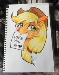 Size: 600x760 | Tagged: safe, artist:dvixie, derpibooru import, twibooru import, applejack, earth pony, pony, bust, cute, deleted from derpibooru, female, freckles, hat, heart, jackabetes, looking at you, mare, markers, mouth hold, portrait, smiling, solo, traditional art