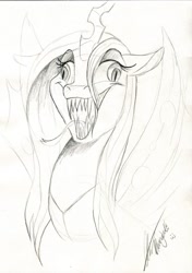 Size: 800x1137 | Tagged: safe, artist:dvixie, derpibooru import, twibooru import, queen chrysalis, changeling, changeling queen, deleted from derpibooru, derp, female, monochrome, solo, tongue out
