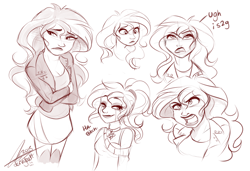 Size: 1280x876 | Tagged: safe, artist:dvixie, derpibooru import, twibooru import, sunset shimmer, equestria girls, angry, bra, bra strap, breasts, cleavage, clothes, deleted from derpibooru, dialogue, female, frown, monochrome, open mouth, sketch, sketch dump, smiling, solo, underwear, vulgar