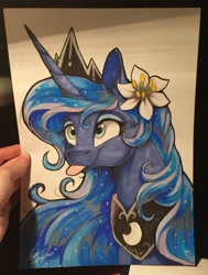 Size: 2034x2691 | Tagged: safe, artist:dvixie, derpibooru import, twibooru import, princess luna, alicorn, pony, cute, deleted from derpibooru, flower, flower in hair, lunabetes, modified accessory, photo, silly, silly pony, solo, tongue out, traditional art