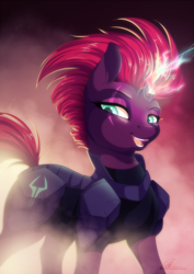 Size: 664x936 | Tagged: safe, artist:dvixie, derpibooru import, twibooru import, tempest shadow, pony, unicorn, my little pony: the movie, broken horn, deleted from derpibooru, eye scar, horn, looking at you, open mouth, scar, solo, sparking horn