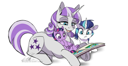 Size: 672x350 | Tagged: safe, artist:dvixie, derpibooru import, edit, twibooru import, shining armor, twilight sparkle, twilight velvet, pony, unicorn, book, colt, colt shining armor, cropped, cute, daaaaaaaaaaaw, deleted from derpibooru, ear fluff, ears, female, filly, filly twilight sparkle, frown, hnnng, male, mare, mother and child, mother and daughter, mother and son, open mouth, parent and child, prone, reading, shining adorable, simple background, smiling, transparent background, twiabetes, velvetbetes, younger