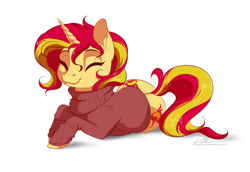 Size: 1541x1063 | Tagged: safe, artist:dvixie, derpibooru import, twibooru import, sunset shimmer, pony, unicorn, both cutie marks, butt, clothes, cute, cutie mark, deleted from derpibooru, eyes closed, female, lying down, mare, shimmerbetes, simple background, smiling, solo, sweater, white background