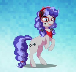 Size: 914x875 | Tagged: safe, artist:dvixie, derpibooru import, twibooru import, oc, oc only, oc:cinnabyte, earth pony, pony, adorkable, bandana, commission, cute, deleted from derpibooru, dork, excited, female, gaming headset, glasses, happy, headset, mare, rearing, solo