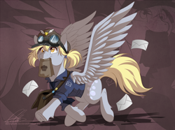 Size: 1600x1188 | Tagged: safe, artist:dvixie, derpibooru import, twibooru import, derpy hooves, pegasus, pony, alternate hairstyle, bag, clothes, cute, deleted from derpibooru, derpabetes, female, goggles, hat, letter, mailbag, mailpony, mare, mouth hold, necktie, pigtails, solo, underhoof, zoom layer