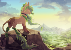 Size: 899x638 | Tagged: safe, artist:dvixie, derpibooru import, twibooru import, oc, oc only, oc:petrichor, art trade, deleted from derpibooru, mountain, river, scenery, solo, valley