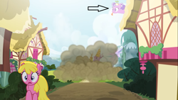 Size: 1366x768 | Tagged: safe, artist:brutalweather studio, edit, screencap, screwball, pony, arrow, crashed, destroyed, destruction, pointing, ponyville, ponyville's incident, running away, tongue out, twilight's castle, youtube, youtube link