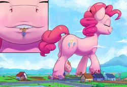 Size: 2500x1710 | Tagged: safe, artist:tsitra360, part of a set, pinkie pie, earth pony, human, pony, commission, destruction, eyes closed, giant pony, house, macro, mouth hold, town, underhoof