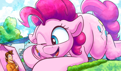 Size: 2000x1178 | Tagged: safe, artist:tsitra360, part of a set, pinkie pie, earth pony, human, pony, building, clothes, commission, destruction, house, macro, one eye closed, open mouth, uncomfortable, underhoof