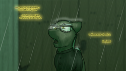 Size: 1280x720 | Tagged: safe, artist:captainhoers, oc, oc only, oc:father corona, earth pony, pony, the sunjackers, canterlot, cyberpunk, dialogue, male, new canterlot, rain, stallion