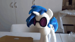 Size: 800x450 | Tagged: safe, artist:nekokevin, dj pon-3, vinyl scratch, human, pony, unicorn, animated, chair, female, gif, grabbing, hand, irl, irl human, magnet, mare, offscreen character, photo, smiling, solo focus, sunglasses, table