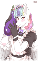 Size: 2227x3500 | Tagged: safe, artist:sparklyon3, derpibooru import, oc, anthro, pegasus, clothes, eggplant, food, maid, outfit, solo