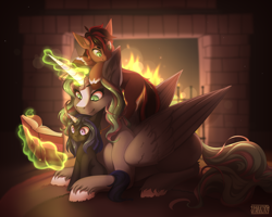 Size: 5000x4000 | Tagged: safe, artist:sparklyon3, derpibooru import, oc, alicorn, earth pony, unicorn, book, commission, fireplace, magic