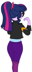 Size: 950x2110 | Tagged: safe, artist:gmaplay, derpibooru import, sci-twi, twilight sparkle, human, equestria girls, ass, butt, clothes, female, implied lesbian, implied scitwishimmer, implied shipping, jacket, leather jacket, rear, rear view, sci-twibutt, simple background, solo, the ass was fat, transparent background, twibutt, vector