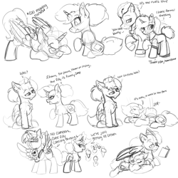 Size: 2000x2000 | Tagged: safe, artist:aurorafang, derpibooru import, oc, oc:aurorafang, oc:flurry, alicorn, pony, unicorn, book, dialogue, rule 63, sketch, smiling