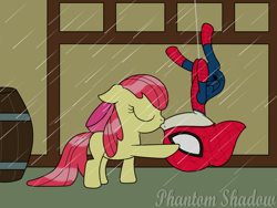 Size: 1024x768 | Tagged: safe, artist:phantomshadow051, derpibooru import, apple bloom, featherweight, earth pony, pegasus, pony, blank flank, colt, featherbloom, female, filly, kissing, male, rain, reference, shipping, spider-man, straight, upside down kiss, watermark