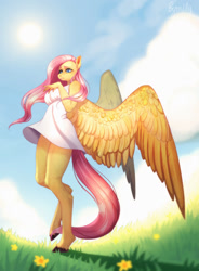 Size: 944x1280 | Tagged: safe, artist:millymay, derpibooru import, fluttershy, anthro, pegasus, unguligrade anthro, clothes, cloud, dress, female, flower, mare, outdoors, signature, sky, solo, spread wings, sun, wings