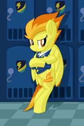 Size: 1496x2258 | Tagged: safe, artist:notadeliciouspotato, derpibooru import, spitfire, pegasus, pony, bipedal, bipedal leaning, clothes, crossed arms, female, leaning, lidded eyes, locker room, looking at you, mare, smiling, solo, uniform, wings, wonderbolts dress uniform