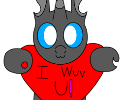 Size: 1200x980 | Tagged: safe, artist:theunidentifiedchangeling, derpibooru import, oc, oc only, oc:[unidentified], changeling, :3, blue eyes, cute, cuteling, digital art, exclamation point, heart, holding, i love you, male, owo, simple background, solo, transparent background
