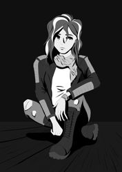 Size: 3508x4961 | Tagged: safe, artist:shyinka, derpibooru import, sunset shimmer, human, equestria girls, alternate design, black and white, boots, clothes, combat boots, grayscale, jacket, jeans, leather jacket, monochrome, pants, ripped jeans, ripped pants, scarf, shoes, sitting, solo, torn clothes