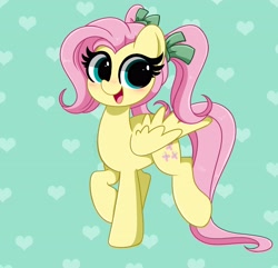 Size: 4042x3900 | Tagged: safe, artist:kittyrosie, derpibooru import, fluttershy, pegasus, pony, abstract background, alternate hairstyle, blushing, cute, daaaaaaaaaaaw, female, happy, heart, mare, open mouth, pigtails, ribbon, shyabetes, solo, twintails, weapons-grade cute