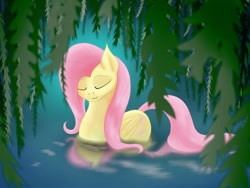 Size: 1024x768 | Tagged: safe, artist:tunrae, derpibooru import, fluttershy, pegasus, pony, behaving like a duck, cutie mark, eyes closed, female, foliage, leaves, reflection, solo, swimming