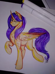 Size: 3016x4032 | Tagged: safe, artist:shamy-crist, derpibooru import, oc, alicorn, pony, one eye closed, raised hoof, solo, traditional art, wink