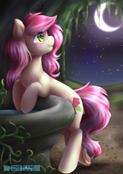 Size: 2149x3035 | Tagged: safe, artist:tokokami, derpibooru import, roseluck, earth pony, pony, bipedal, bipedal leaning, blushing, female, garden, leaning, looking up, mare, moon, night, outdoors, solo