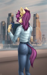 Size: 2000x3200 | Tagged: safe, artist:catd-nsfw, derpibooru import, oc, oc:kaira kitch, anthro, ass, butt, clothes, coffee, jeans, looking back, moscow, pants, solo, sweater, tower