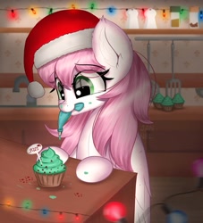 Size: 1961x2160 | Tagged: safe, artist:janelearts, derpibooru import, oc, oc only, pegasus, pony, christmas, cupcake, female, food, hat, holiday, icing bag, mare, mouth hold, santa hat, solo