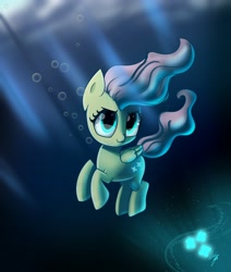 Size: 3300x3900 | Tagged: safe, artist:melanyschaffer, derpibooru import, fluttershy, pegasus, pony, blue eyes, bubble, crepuscular rays, eyelashes, female, flowing mane, flowing tail, signature, solo, sunlight, underwater, water, wings