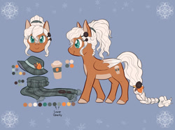 Size: 1280x954 | Tagged: safe, artist:foxhatart, derpibooru import, oc, oc only, oc:pumpkin spice, pegasus, pony, clothes, female, freckles, hat, leg freckles, mare, reference sheet, scarf, solo, two toned wings, wing freckles, wings