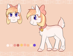 Size: 1280x976 | Tagged: safe, artist:foxhatart, derpibooru import, oc, oc only, oc:snowbell, deer, deer pony, original species, pony, bell, bow, female, hair bow, reference sheet, solo, tail bow