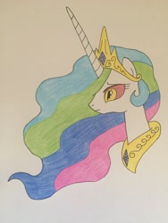 Size: 2448x3264 | Tagged: safe, artist:infernapelover, derpibooru import, princess celestia, alicorn, pony, female, horn, mare, multicolored mane, solo, white coat