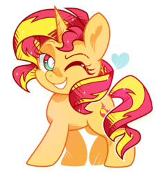 Size: 756x808 | Tagged: safe, artist:yokokinawa, derpibooru import, sunset shimmer, pony, unicorn, chibi, cute, female, heart, mare, one eye closed, shimmerbetes, simple background, solo, white background, wink