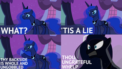 Size: 2000x1125 | Tagged: safe, derpibooru import, edit, edited screencap, editor:quoterific, screencap, princess luna, alicorn, pony, luna eclipsed, angry, female, gritted teeth, lightning, open mouth, solo