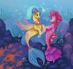 Size: 1280x1203 | Tagged: safe, artist:bartholomaei, derpibooru import, pinkie pie, princess skystar, fish, jellyfish, piranha, seapony (g4), my little pony: the movie, blue eyes, bubble, eye contact, eyelashes, female, fin wings, fins, fish tail, flower, flower in hair, freckles, jewelry, lesbian, looking at each other, necklace, open mouth, pearl necklace, seaponified, seapony pinkie pie, seashell, seashell necklace, shipping, skypie, smiling, species swap, tail, underwater, water, wings