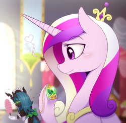 Size: 1200x1168 | Tagged: safe, artist:vavacung, derpibooru import, princess cadance, queen chrysalis, alicorn, changeling, changeling queen, pony, comic:misguided love, blushing, cadalis, clothes, dress, duster, female, infidelity, lesbian, maid, shipping, skirt, socks, sweat, sweatdrop