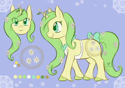 Size: 1280x904 | Tagged: safe, artist:foxhatart, derpibooru import, oc, oc only, oc:daisy chain, pony, unicorn, apron, bow, clothes, female, flower, mare, reference sheet, solo, tail bow, unshorn fetlocks