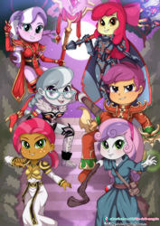 Size: 724x1023 | Tagged: safe, artist:the-dark-mangaka, derpibooru import, apple bloom, babs seed, diamond tiara, scootaloo, silver spoon, sweetie belle, equestria girls, chromie, clothes, costume, deckard cain, heroes of the storm, illidan stormrage, king leoric, sally whitemane, sonya