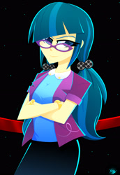 Size: 2244x3264 | Tagged: safe, artist:xan-gelx, derpibooru import, juniper montage, equestria girls, black background, clothes, crossed arms, female, glasses, looking at you, signature, simple background, solo, two toned hair