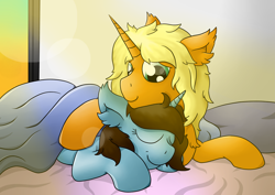 Size: 5945x4205 | Tagged: safe, artist:raktor, derpibooru import, oc, oc only, oc:dawnflash, oc:pawsie hooves, unicorn, absurd resolution, bed, covers, ear fluff, ears, female, lens flare, lying down, male, mare, pillow, prone, smiling, snuggling, stallion, window