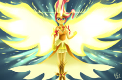 Size: 1920x1260 | Tagged: safe, artist:jphyperx, derpibooru import, sunset shimmer, human, equestria girls, friendship games, daydream shimmer, fire, glowing horn, horn, lens flare, sparks, wings