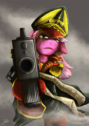 Size: 1237x1750 | Tagged: safe, artist:jamescorck, derpibooru import, cheerilee, pony, crossover, solo, warhammer (game), warhammer 40k, weapon