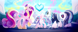 Size: 5400x2221 | Tagged: safe, artist:inspiredpixels, derpibooru import, princess cadance, princess flurry heart, shining armor, alicorn, crystal pony, pony, unicorn, alternate hairstyle, crystal heart, crystallized, older, older shining armor, story included